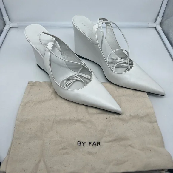 BY FAR Vaughn White Nappa Leather Wedge Gladiator Lace Up Pointed Heels sz 40 - Picture 4 of 13